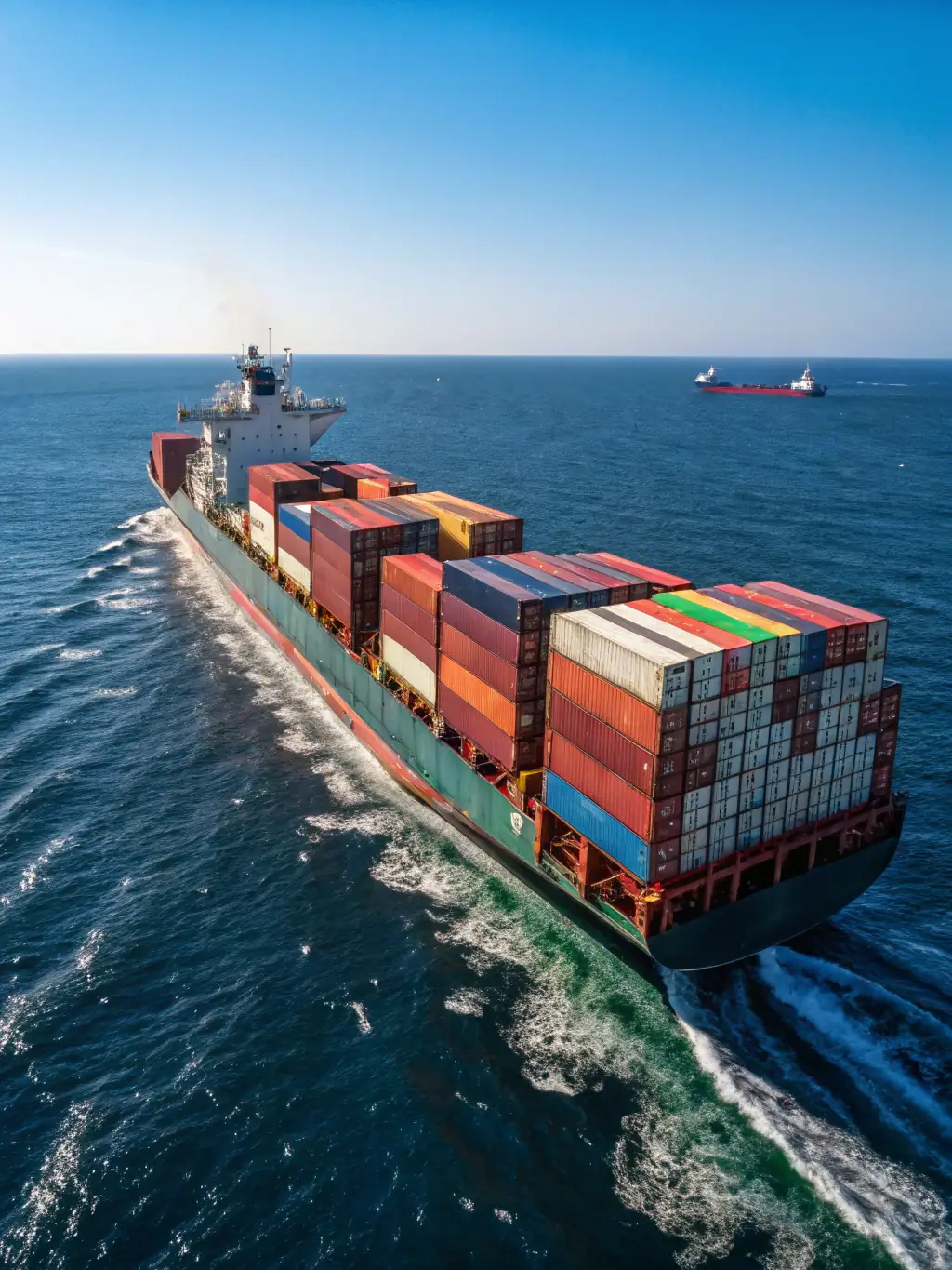 A modern cargo ship sailing on a calm sea, containers visible on deck, representing ANGXING's international trade services.